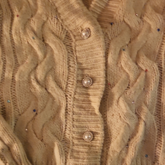St. John's Bay Beige Cable Knit Cardigan with Sparkle Buttons - Picture 3 of 10